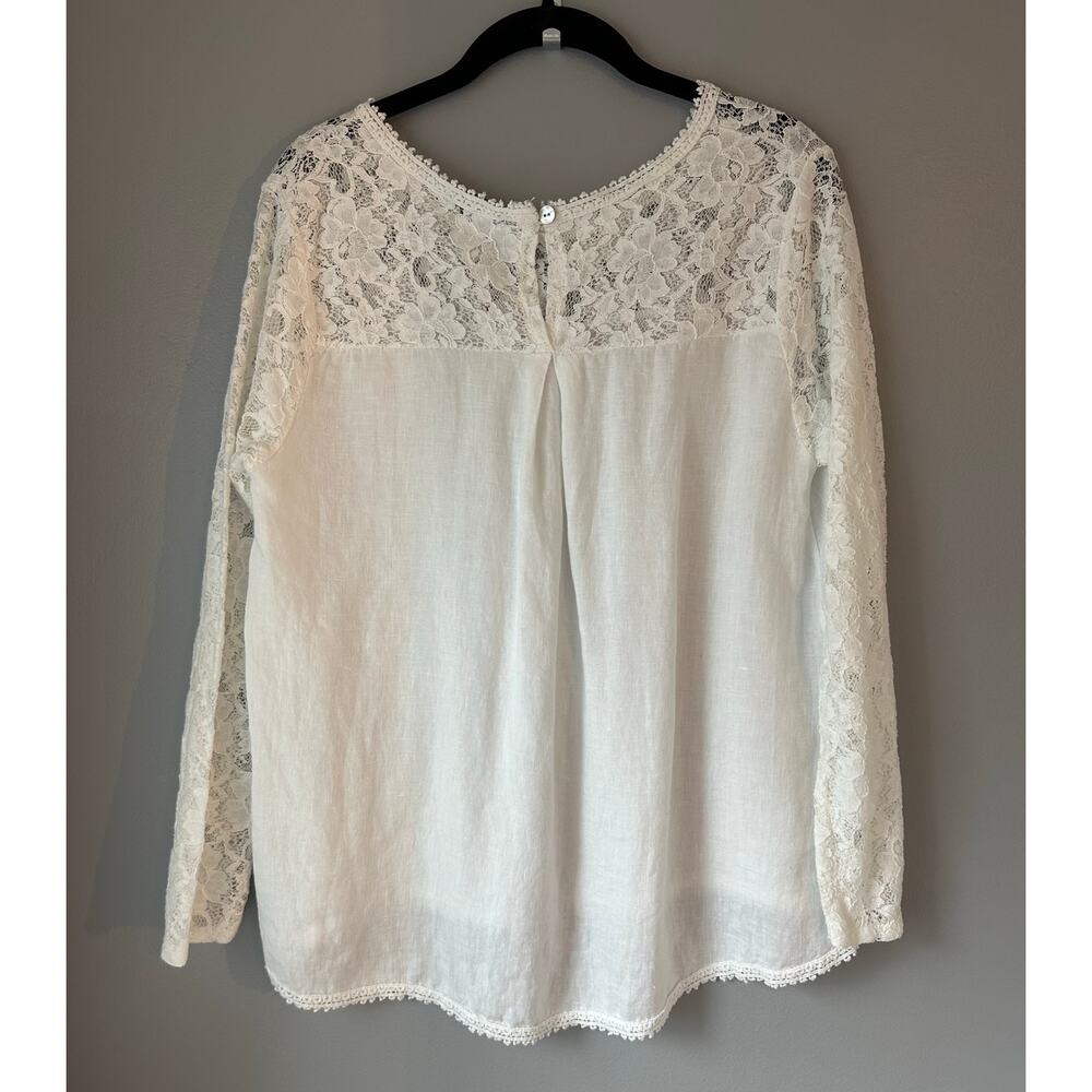 Lungo L'Arno Italy Women White Linen Lace Crochet Trim Blouse LS Top SZ M - Picture 6 of 9